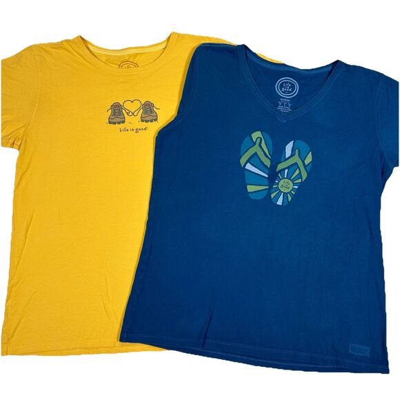 LIFE IS GOOD T-Shirts Lot Women's Large Yellow Blue Boots Heart Flip Flops Crew - Picture 1 of 10